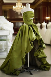 Gorgeous Balll Gown Strapless Green Satin Ruffles Long Evening Dresses Evening Prom Dresses