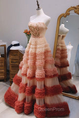 Gorgeous Balll Gown Strapless Tulle Pink Ruffles Long Evening Dresses Evening Prom Dresses