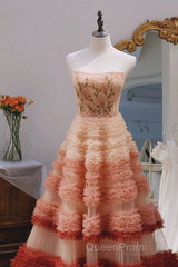 Gorgeous Balll Gown Strapless Tulle Pink Ruffles Long Evening Dresses Evening Prom Dresses
