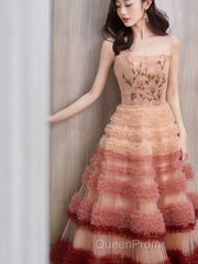 Gorgeous Balll Gown Strapless Tulle Pink Ruffles Long Evening Dresses Evening Prom Dresses