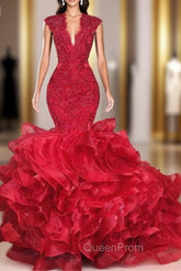 Gorgeous Beads Appliques Red Evening Prom Dresses Ruffles Fit and Flare Alluring Evening Gowns
