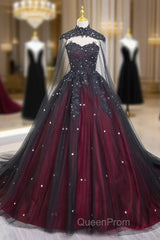 Gorgeous Black And Red Tulle Ball Gown Sweet 16 Dresses With Cape, Long Evening Prom Dresses