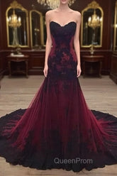Gorgeous Black and Wine Red Mermaid Long Evening Gown Party Dresses, Sweetheart Lace Evening Dresses