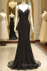 Gorgeous Black Evening Dresses Mermaid Luxury Heavy Beaded Straps Long Evening Dresses