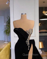 Gorgeous Black Split Front One Shoulder Evening Prom Dresses With Beading