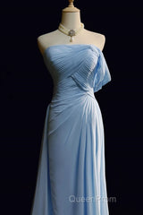 Gorgeous Blue A-Line Chiffon Pleated One Shoulder Slit Long Evening Gown Ball Gown Wedding Dresses