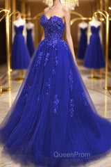 Gorgeous Blue Lace Floral Long Evening Prom Dresses, Blue Appliques Formal Evening Dresses, Blue Ball Gown