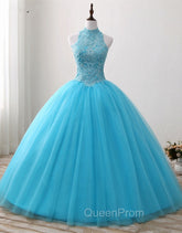 Gorgeous Blue Tulle Ball Gown Lace Top Sweet 16 Dresses, Blue Quinceanera Dresses