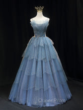Gorgeous Blue Tulle Layers Beaded Long Wedding Party Dresses, Blue Evening Gown