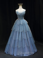 Gorgeous Blue Tulle Layers Beaded Long Wedding Party Dresses, Blue Evening Gown