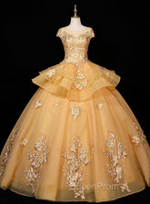 Gorgeous Champagne Ball Gown Sweet 16 Gown with Lace, Flowers Lace Evening Dresses