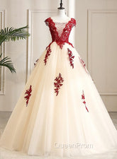 Gorgeous Champagne Tulle Long Sweet 16 Dresses with Red Lace, Evening Gown