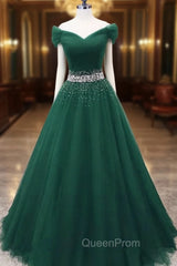 Gorgeous Dark Green Tulle Off Shoulder Long Party Dresses, Evening Prom Gown