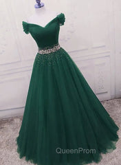 Gorgeous Dark Green Tulle Off Shoulder Long Party Dresses, Evening Prom Gown