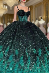Gorgeous Green Sequins Feathers Ball Gown Quinceanera Dresses Formal Sweet 16 Evening Prom Dresses
