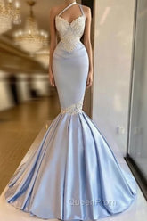 Gorgeous Halter Mermaid Evening Prom Dresses Long With Lace Appliques