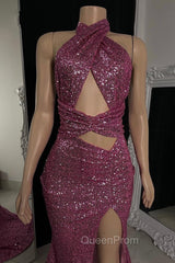 Gorgeous Halter Pink Evening Prom Dresses Sequins Sleeveless Long With Split