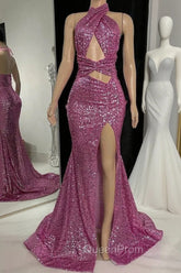 Gorgeous Halter Pink Evening Prom Dresses Sequins Sleeveless Long With Split
