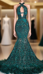 Gorgeous Halter Sleeveless Mermaid Evening Prom Dresses Sequins Long With Feather Bottom