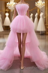 Gorgeous High Low Pink Tulle Long Evening Prom Dresses, Pink Tulle Formal Graduation Evening Dresses