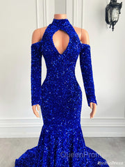 Gorgeous High Neck Long Sleeve Royal Blue Evening Prom Dresses Sequins Party Dresses