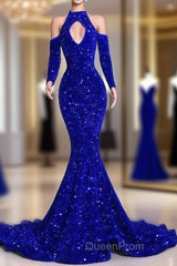Gorgeous High Neck Long Sleeve Royal Blue Evening Prom Dresses Sequins Party Dresses