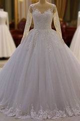 Gorgeous Long A-Line Bateau Pearl Tulle Appliques Lace Wedding Dresses with Sleeves