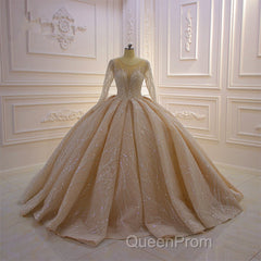 Gorgeous Long Ball Gown Bateau Crystal Wedding Dresses with Sleeves