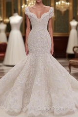 Gorgeous Long Mermaid V-neck Appliques Lace Ruffles Wedding Dresses