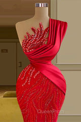 Gorgeous Long Red Mermaid One Shoulder Lace Sequined Sleeveless Evening Prom Dresses