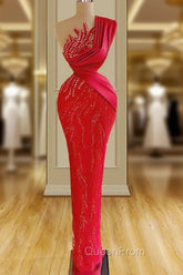 Gorgeous Long Red Mermaid One Shoulder Lace Sequined Sleeveless Evening Prom Dresses