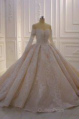 Gorgeous Long Sleeve Off the Shoulder Appliques Lace Ball Gown Wedding Dresses