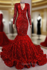 Gorgeous Long Sleeves Sequins Evening Prom Dresses Mermaid V-Neck With Flowers Bottom