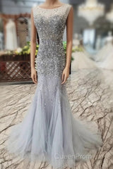 Gorgeous Mermaid Backless Silver Grey Sequins Evening Prom Dresses, Mermaid Silver Grey Formal Dresses, Shiny Silver Grey Evening Dresses