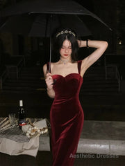 Gorgeous Mermaid Straps Burgundy Velvet Evening Dress Prom Dresses Birthday Outfits