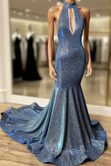 Gorgeous Navy Blue Long Mermaid V-Neck Evening Prom Dresses Spaghetti-Straps