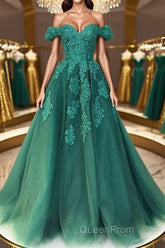 Gorgeous Off Shoulder Green Lace Long Evening Prom Dresses, Green Lace Formal Evening Dresses, Green Ball Gown