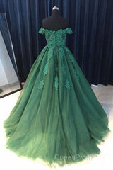 Gorgeous Off Shoulder Green Lace Long Evening Prom Dresses, Green Lace Formal Evening Dresses, Green Ball Gown