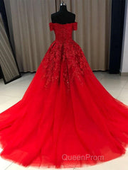 Gorgeous Off Shoulder Red Lace Long Evening Prom Dresses, Red Lace Formal Evening Dresses, Red Ball Gown