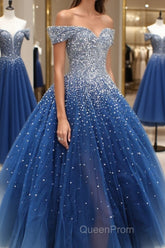 Gorgeous Off Shoulder Sequins Blue Long Evening Prom Dresses, Shiny Sequins Blue Formal Evening Dresses, Blue Ball Gown