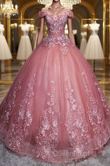 Gorgeous Off the Shoulder Pink Lace Appliques Long Evening Prom Dresses, Off Shoulder Pink Formal Dresses, Pink Evening Dresses, Ball Gown