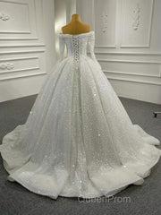 Gorgeous Off The Shoulder Sparkly Ball Gown Sequin Wedding Dresses With Sleeves