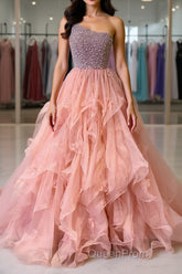 Gorgeous One Shoulder Beaded Pink Long Evening Prom Dresses, Fluffy Pink Formal Evening Dresses, Beaded Ball Gown