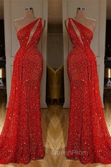 Gorgeous One Shoulder Red Sequins Long Evening Prom Dresses