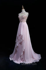 Gorgeous Pink A-Line Tulle High Neck Chiffon Long Beaded Backless Evening Prom Dresses Retro Wedding Birthday Dresses
