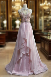 Gorgeous Pink A-Line Tulle High Neck Chiffon Long Beaded Backless Evening Prom Dresses Retro Wedding Birthday Dresses