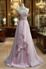 Gorgeous Pink A-Line Tulle High Neck Chiffon Long Beaded Backless Evening Prom Dresses Retro Wedding Birthday Dresses