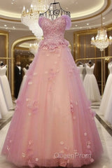 Gorgeous Pink Flowers Off Shoulder Party Dresses, Pink Formal Dresses Ball Gown Formal Dresses