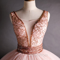 Gorgeous Pink V-neckline Beaded Ball Gown Evening Dresses, Pink Sweet 16 Dresses