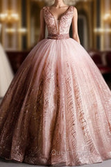 Gorgeous Pink V-neckline Beaded Ball Gown Evening Dresses, Pink Sweet 16 Dresses